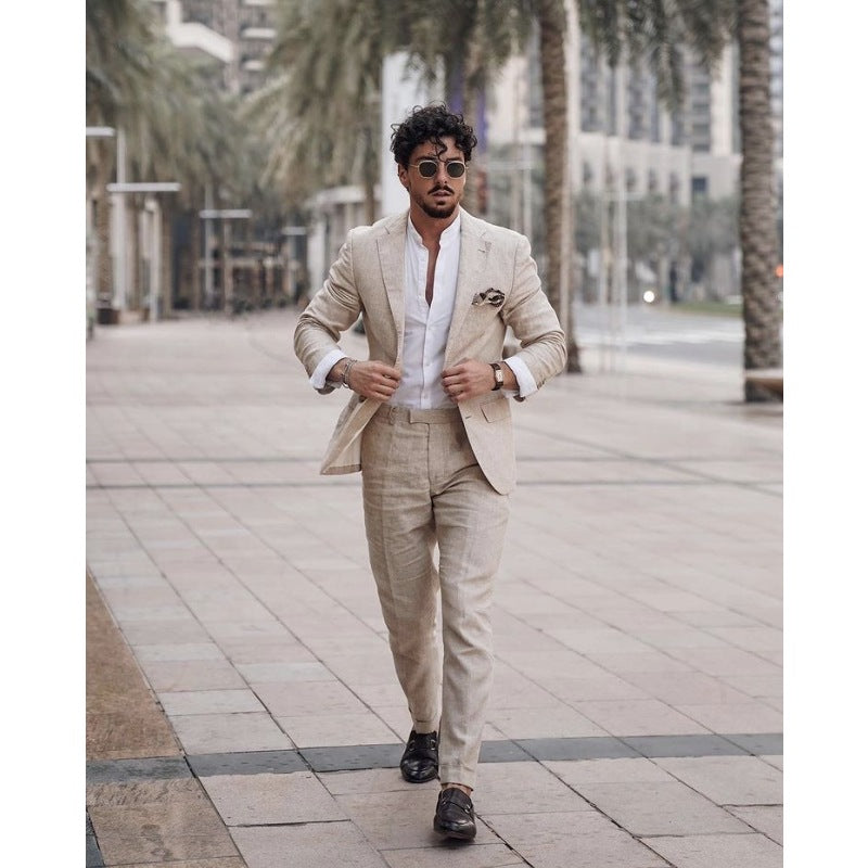 Beige Linen Suit with White Shirt
